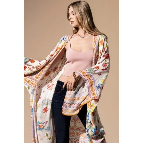 Colorful Vibrant Delphi Floral Paisley Open Wrap Duster Kimono Top One Size - Picture 3 of 9